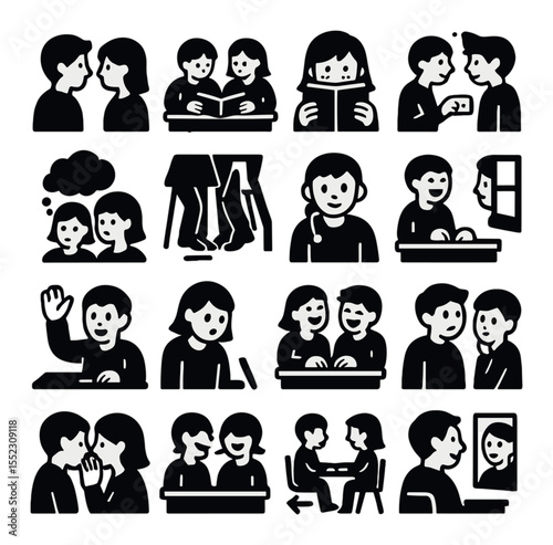 Crush moments in class icons in silhouette solid black-filled shapes with clean, simple : stolen glance icon, shared textbook, blushing face behind folder, passed paper with smile, daydream