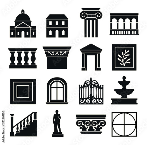 Renaissance architecture icons in silhouette solid black-filled shapes with clean, simple : domed roof, symmetrical façade, Ionic column, arched gallery, balustrade section, sculpted cornice,