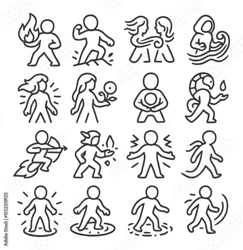 Zodiac characters as elemental avatars icons in minimalistic line art : Aries flame bender, Taurus earth shaker, Gemini wind twins, Cancer tide caller, Leo sun flarer, Virgo forest whisperer,