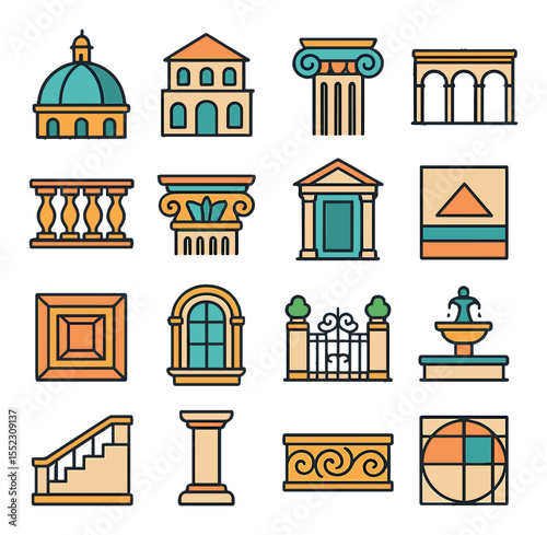Renaissance architecture icons in modern flat vector in minimalistic vibrant color design: domed roof, symmetrical façade, Ionic column, arched gallery, balustrade section, sculpted cornice,