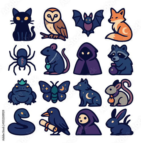 Nocturnal witch familiars icons in modern flat vector in minimalistic vibrant color design: black cat with glowing eyes, barn owl on branch, bat with open wings, fox with moonlit fur, spider