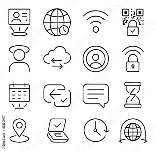 Future meeting logistics icons in minimalistic line art : scheduled holo-invite, timezone globe icon, connection stability meter, access QR beacon, identity verification halo, cloud sync icon,