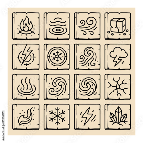 Elemental spellbook pages icons in minimalistic line art : flame incantation diagram, water ripple glyph, wind swirl sigil, earth rune block, lightning call sketch, frost charm circle, magma