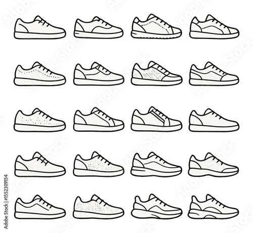 Low-top sneaker s icons in minimalistic line art : sleek minimalist low-tops, canvas slip-ons, suede-finish sneakers, textured panel designs, neon-accented soles, transparent side panels,