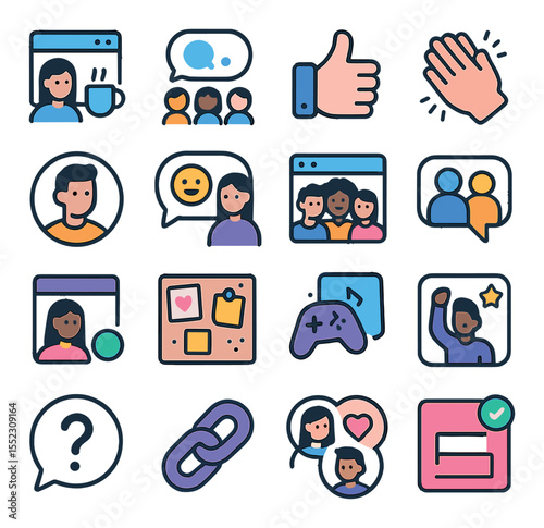 Coworking social dynamics icons in modern flat vector in minimalistic vibrant color design: virtual coffee chat, group brainstorming bubble, feedback thumbs icon, digital applause reaction,