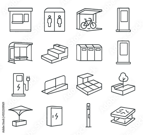 Modular public infrastructure icons in minimalistic line art : ticket booth, public restroom pod, bike parking shelter, information kiosk, bus stop shelter, modular seating bench, garbage