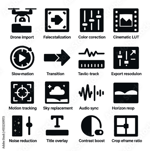 Post-production workflow icons in silhouette solid black-filled shapes with clean, simple : drone footage import icon, frame stabilization tool, color correction panel, cinematic LUT icon, slow