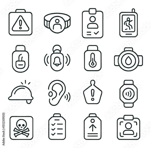 Safety and compliance wearables icons in minimalistic line art : hazard detection badge, motion-limited zone bracelet, PPE status tracker tag, fall alert sensor, air quality monitor clip,