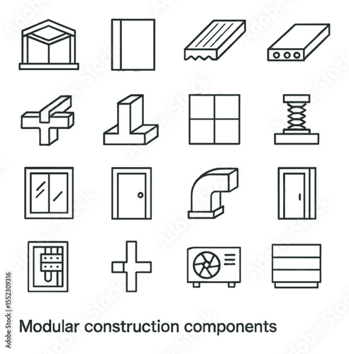 Modular construction components icons in minimalistic line art : structural steel frame, modular wall panel, insulated roof panel, prefabricated floor slab, interlocking joint, corner connector,