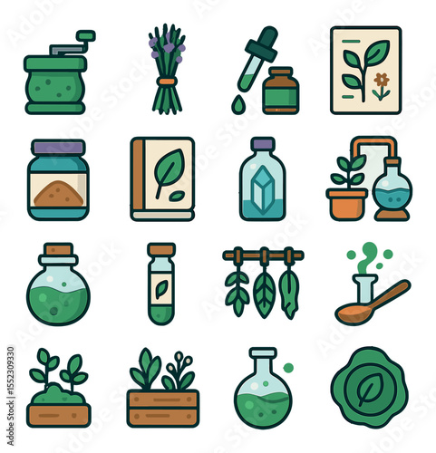 Herbal alchemy gear icons in modern flat vector in minimalistic vibrant color design: herb grinder, dried lavender bundle, essence dropper, botanical chart, powdered root jar, leaf press book,