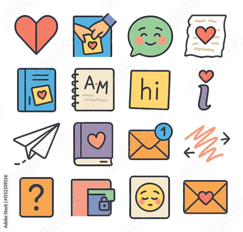 Secret notes and flirty messages icons in modern flat vector in minimalistic vibrant color design: folded paper heart, note passed in class, text bubble with blush emoji, crumpled love letter,