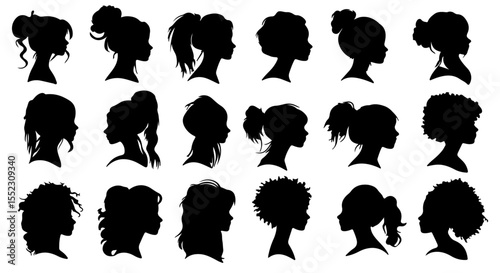 Girl's hairstyle silhouettes show the variety of trends with elegant vector profiles ideal for beauty salons or design projects.