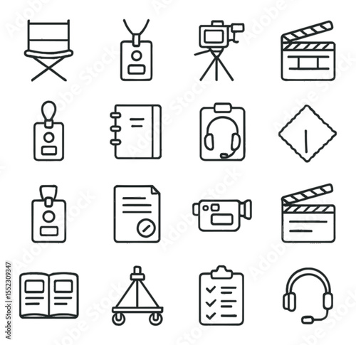 Filmmaker tools and passes icons in minimalistic line art : director’s chair, backstage pass, camera rig on tripod, clapboard with take number, festival ID lanyard, script binder, headphones on