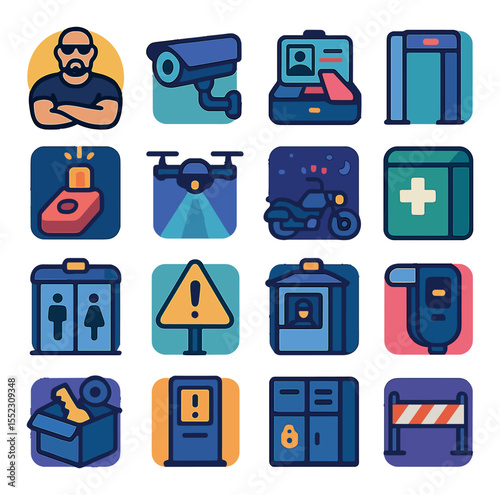 Security and services icons in modern flat vector in minimalistic vibrant color design: nightlife bouncer, security camera, ID check scanner, metal detector arch, emergency call button, street