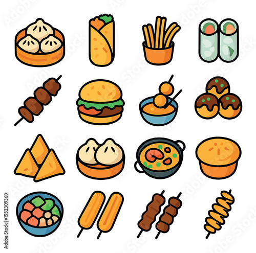 Regional street foods icons in modern flat vector in minimalistic vibrant color design: steamed dumplings, falafel wrap, churros with dip, rice paper rolls, jerk chicken skewer, arepa sandwich,