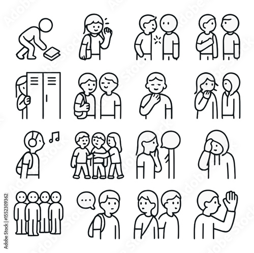 Awkward hallway interactions icons in minimalistic line art : dropped book pick-up, blush and wave moment, bump into crush icon, hallway glance meet, locker door peek, awkward smile with bag