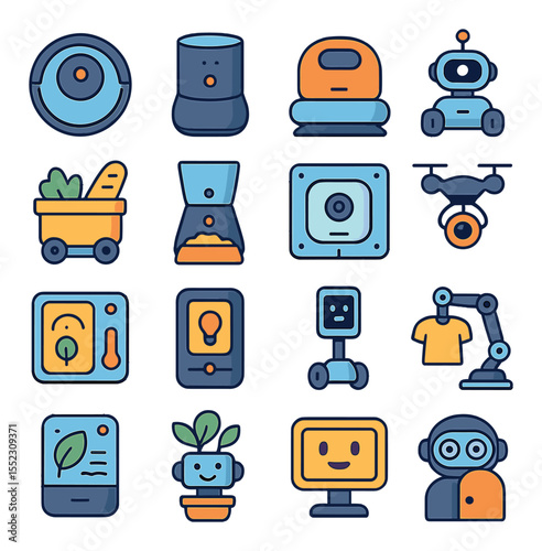 Home robot assistant icons in modern flat vector in minimalistic vibrant color design: vacuuming robot, smart home speaker, robotic mop, security patrol bot, grocery delivery robot, robotic pet