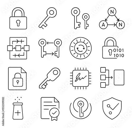 Encryption keys and algorithms icons in minimalistic line art : padlock with keyhole, symmetric key icon, asymmetric key pair, RSA algorithm symbol, AES block diagram, key exchange graphic,