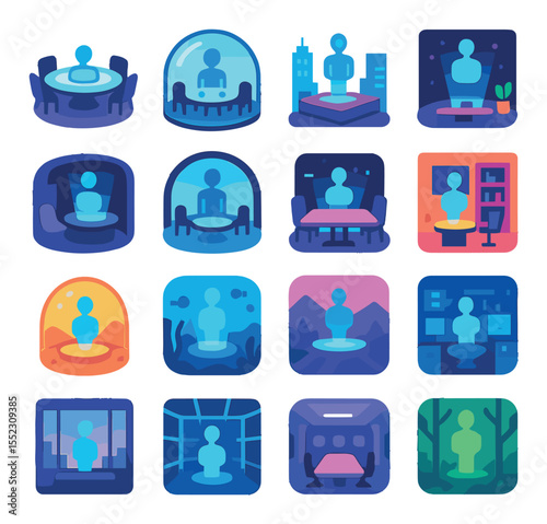 Hologram meeting environments icons in modern flat vector in minimalistic vibrant color design: floating roundtable setup, glass dome meeting room, rooftop projection hub, digital studio