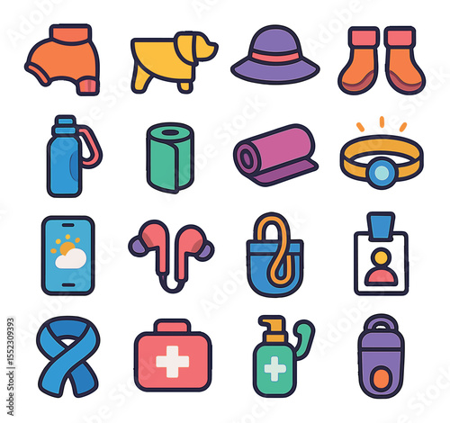 Daily walk accessories icons in modern flat vector in minimalistic vibrant color design: dog sweater for cold days, raincoat for dog, sun hat for walker, dog boots for hot pavement, water
