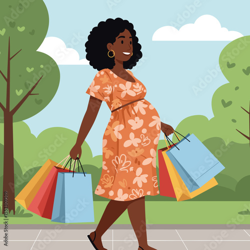 Pregnant Afro-American woman walking outdoors while carrying shopping bags, vector, icon 