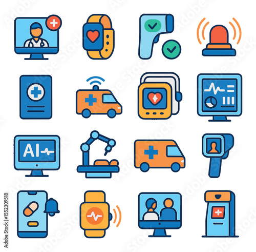 Smart healthcare icons in modern flat vector in minimalistic vibrant color design: telemedicine screen, health tracking wristband, remote diagnosis tool, emergency alert button, digital health