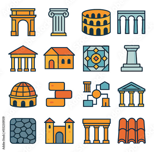 Ancient Roman architecture icons in modern flat vector in minimalistic vibrant color design: triumphal arch, Roman column, amphitheater, aqueduct bridge, basilica roof, Roman villa, mosaic