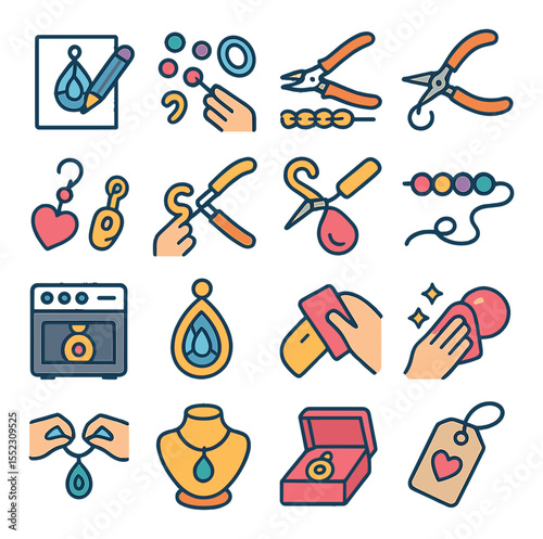 Jewelry making process steps icons in modern flat vector in minimalistic vibrant color design: sketching jewelry design, choosing beads and wire, cutting chain length, forming wire loops,