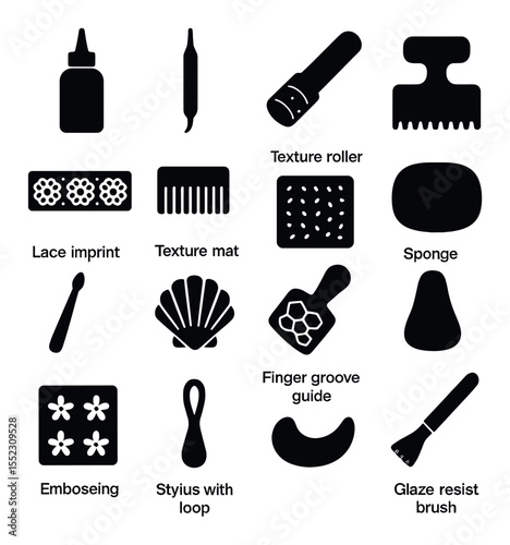 Surface design and texture tools icons in silhouette solid black-filled shapes with clean, simple : slip trailing bottle, carving stylus, texture roller, wooden stamp, lace imprint strip, comb