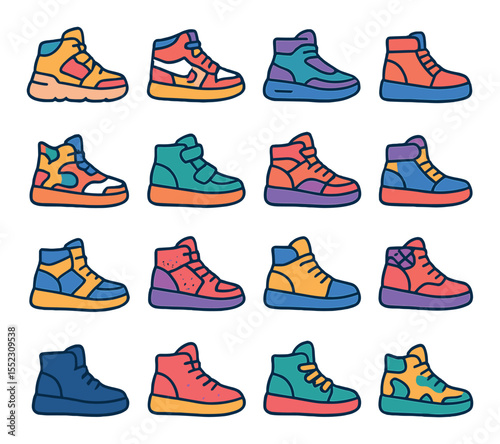 High-top sneaker s icons in modern flat vector in minimalistic vibrant color design: chunky high-tops, retro basketball shoes, futuristic high-tops, platform high-tops, graffiti-print uppers,