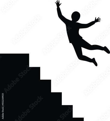Human silhouette jumping down stairs in dynamic motion vector illustration for active lifestyle concept