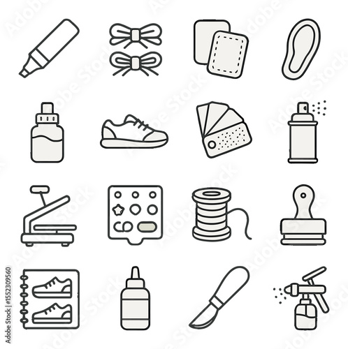 Sneaker customization tools icons in minimalistic line art : paint marker, lace swap kit, fabric patch set, sole stencil, sneaker dye bottle, 3D sneaker model, texture swatch fan, spray can,