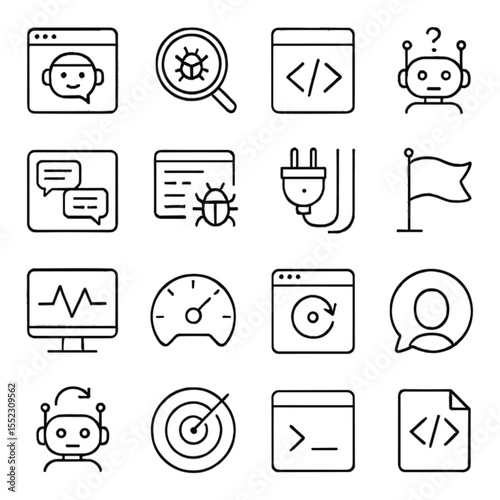 AI in tech support icons in minimalistic line art : chatbot help window, bug detection lens, code autocomplete tool, troubleshooting assistant bot, smart FAQ panel, real-time error log, robotic
