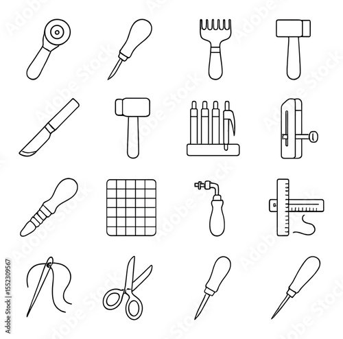 Leather crafting tools icons in minimalistic line art : rotary cutter, stitching awl, edge beveler, pricking iron, skiving knife, mallet, hole punch set, stitching pony, burnishing tool, cutting