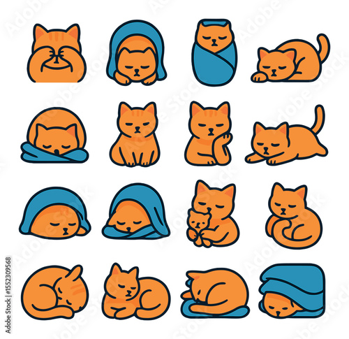 Sleepy cat poses icons in modern flat vector in minimalistic vibrant color design: cat with paws over eyes, cat upside-down in blanket, cat wrapped like a burrito, cat flopped sideways, cat