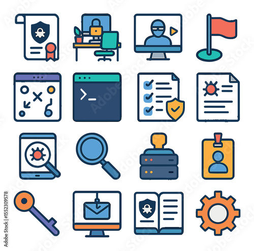 Offensive security training icons in modern flat vector in minimalistic vibrant color design: hacking certification scroll, cybersecurity bootcamp setup, ethical hacking course screen,