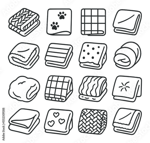 Blanket textures and s icons in minimalistic line art : knitted wool wrap, fleece blanket with paw prints, quilted patchwork throw, velvet blanket fold, sherpa-lined nest, cotton sheet with