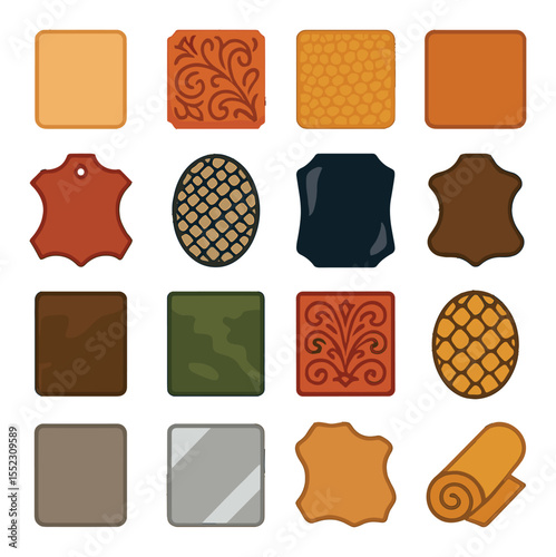 Leather types and textures icons in modern flat vector in minimalistic vibrant color design: smooth veg-tan piece, embossed floral pattern, pebbled leather sheet, suede square, dyed full grain