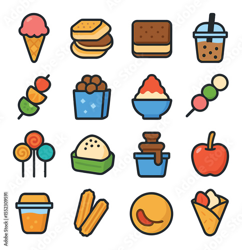 Sweet treats on the go icons in modern flat vector in minimalistic vibrant color design: waffle cone, mini pancakes, ice cream sandwich, bubble tea cup, fruit skewer, candied nuts bag, shaved