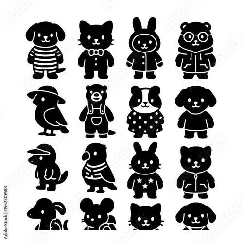 Cute daily outfits icons in silhouette solid black-filled shapes with clean, simple : dog in striped pajamas, cat with bowtie and collar, bunny in raincoat and boots, hamster in hoodie and