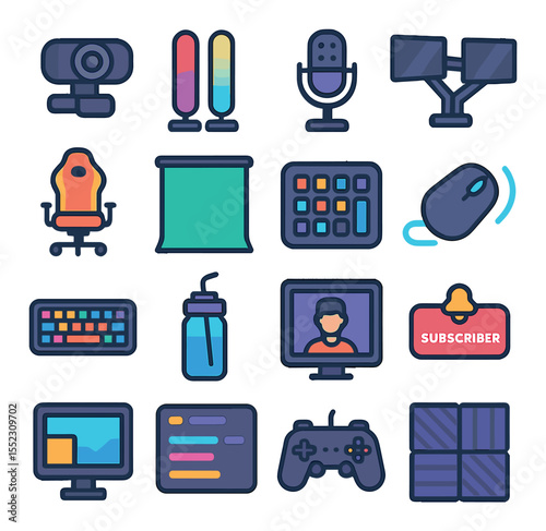 Streaming studio setup icons in modern flat vector in minimalistic vibrant color design: webcam on mount, RGB desk lights, gaming microphone, dual monitor arm, ergonomic gaming chair, green