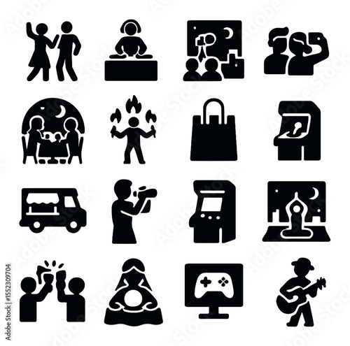Nightlife activities icons in silhouette solid black-filled shapes with clean, simple : dancing silhouette, live DJ setup, rooftop movie projector, group selfie moment, couple dining at night,