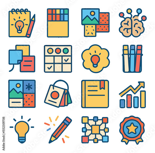 Creative productivity zone icons in modern flat vector in minimalistic vibrant color design: sketchpad with ideas, colored pens pack, inspiration collage, doodled brainstorm, sticky mind map,