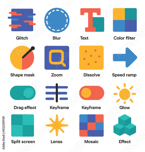 Effects and transitions menu icons in modern flat vector in minimalistic vibrant color design: glitch overlay icon, blur strength circle, text animation preview, color filter tile, shape mask