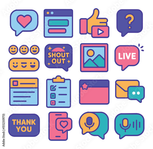 Audience interaction moments icons in modern flat vector in minimalistic vibrant color design: comment heart icon, viewer poll window, “like and subscribe” hand, question card popup, emoji