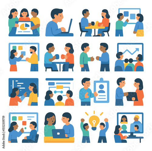 Productivity scenes icons in modern flat vector in minimalistic vibrant color design: team planning session, solo focus avatar, group pitch table, design review in progress, shared whiteboard