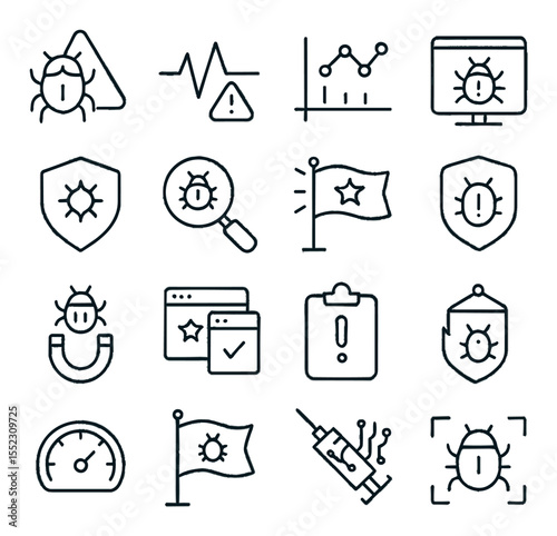 Threat detection systems icons in minimalistic line art : malware signature alert, heuristic scan indicator, anomaly detection graph, sandbox execution screen, exploit shield icon, rootkit