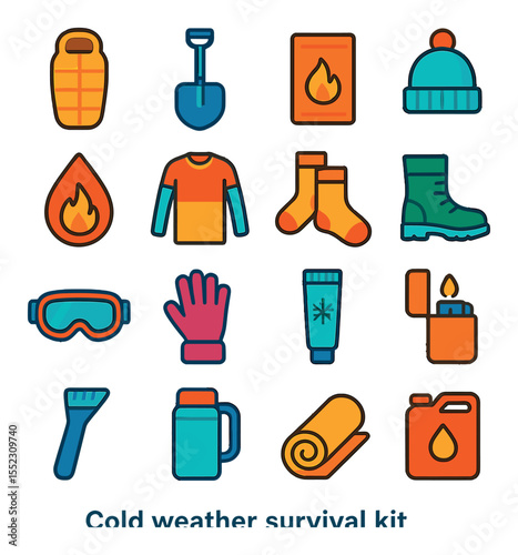 Cold weather survival kit icons in modern flat vector in minimalistic vibrant color design: insulated sleeping bag, snow shovel, emergency heat pack, wool hat, fire gel pack, layered clothing