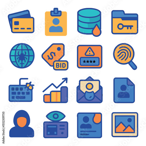 Illegal data trade icons in modern flat vector in minimalistic vibrant color design: credit card bundle, identity file, leaked database, credentials folder, dark web bid, data price tag,