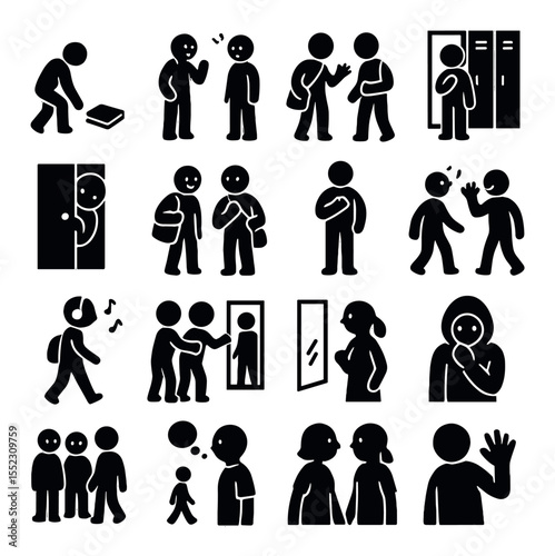 Awkward hallway interactions icons in silhouette solid black-filled shapes with clean, simple : dropped book pick-up, blush and wave moment, bump into crush icon, hallway glance meet, locker